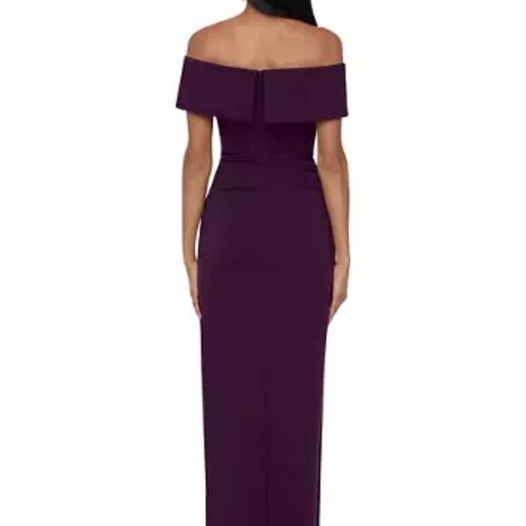 NEW Xscape Solid Side Ruched High Slit Off Shoulder Maxi Long Formal Gown Size 8 - Picture 2 of 10